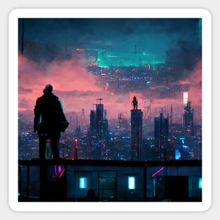 Man overlooking a futuristic city - best selling Sticker